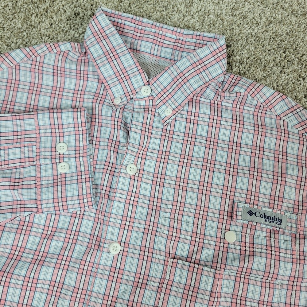 Columbia PFG Mens Medium Red Blue‎ Plaid Vented Button Down Long Sleeve Fishing